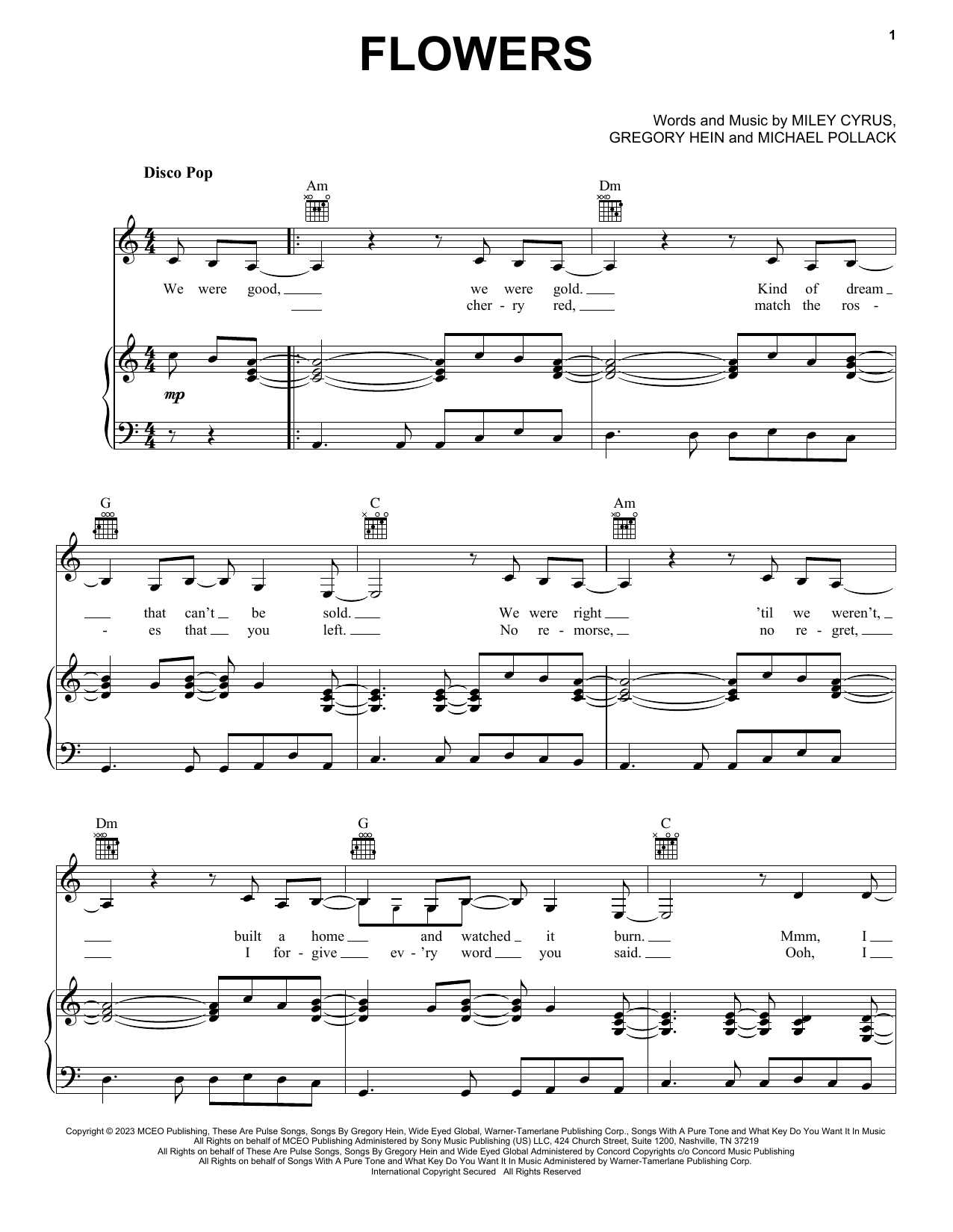 Miley Cyrus Flowers sheet music notes printable PDF score