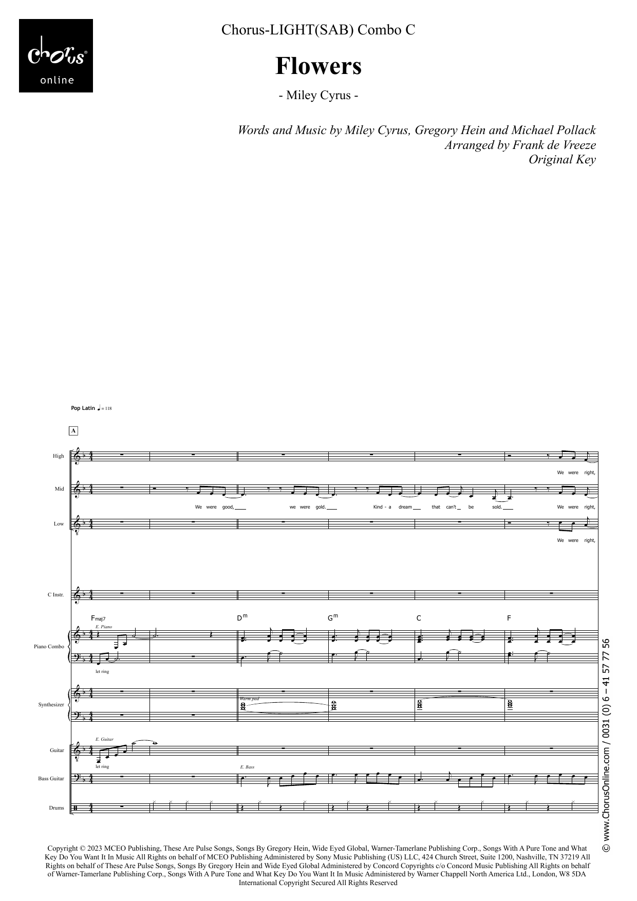 Miley Cyrus Flowers (arr. Frank de Vreeze) sheet music notes printable PDF score
