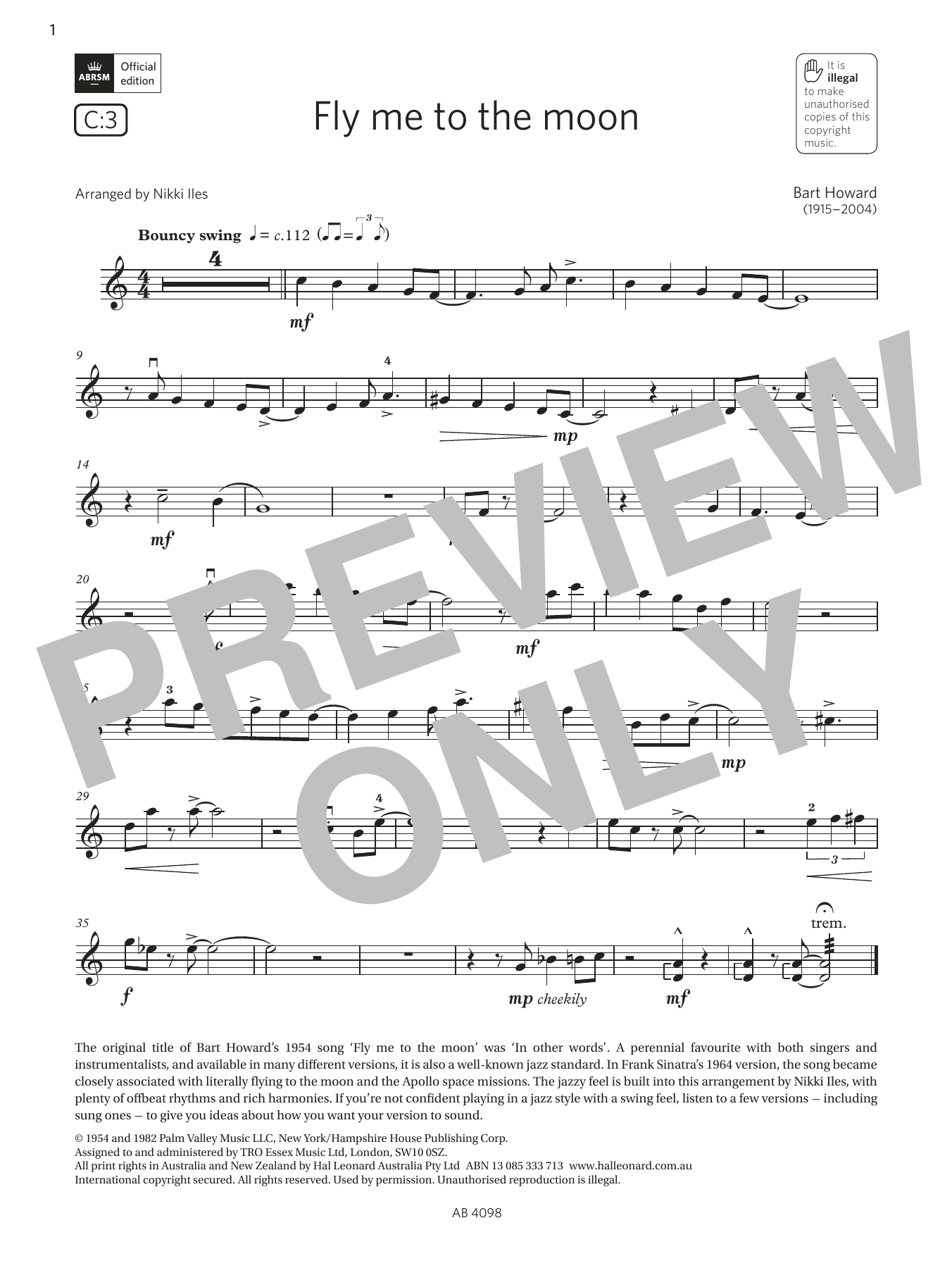 Download Bart Howard Fly me to the moon (Grade 4, C3, from t Sheet Music