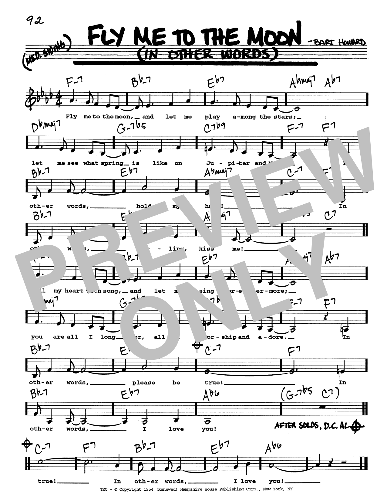 Tony Bennett Fly Me To The Moon (In Other Words) (Low Voice) sheet music notes printable PDF score
