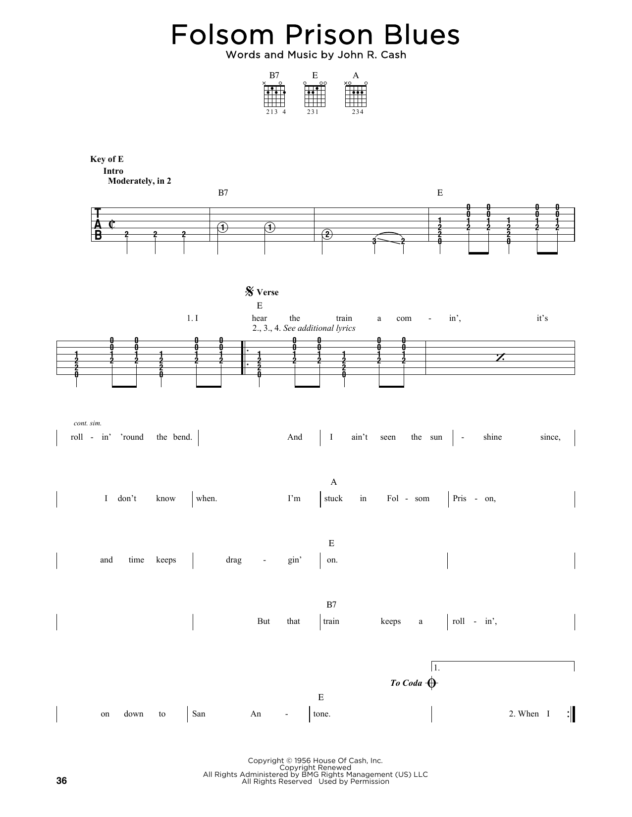 Johnny Cash Folsom Prison Blues sheet music notes printable PDF score