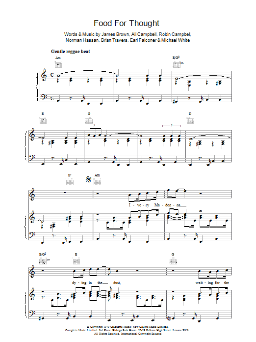 UB40 Food For Thought sheet music notes printable PDF score