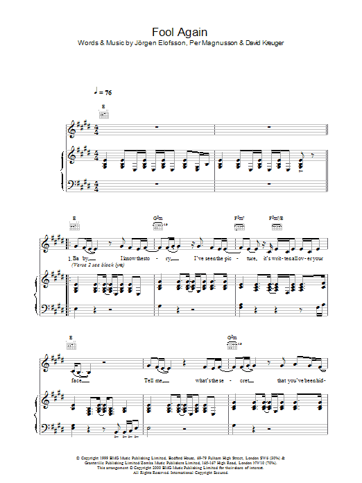 Westlife Fool Again sheet music notes printable PDF score
