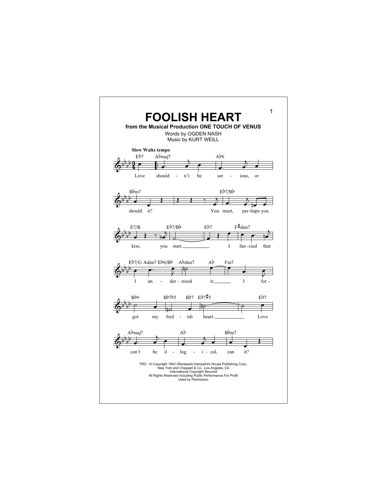 Download Ogden Nash Foolish Heart Sheet Music