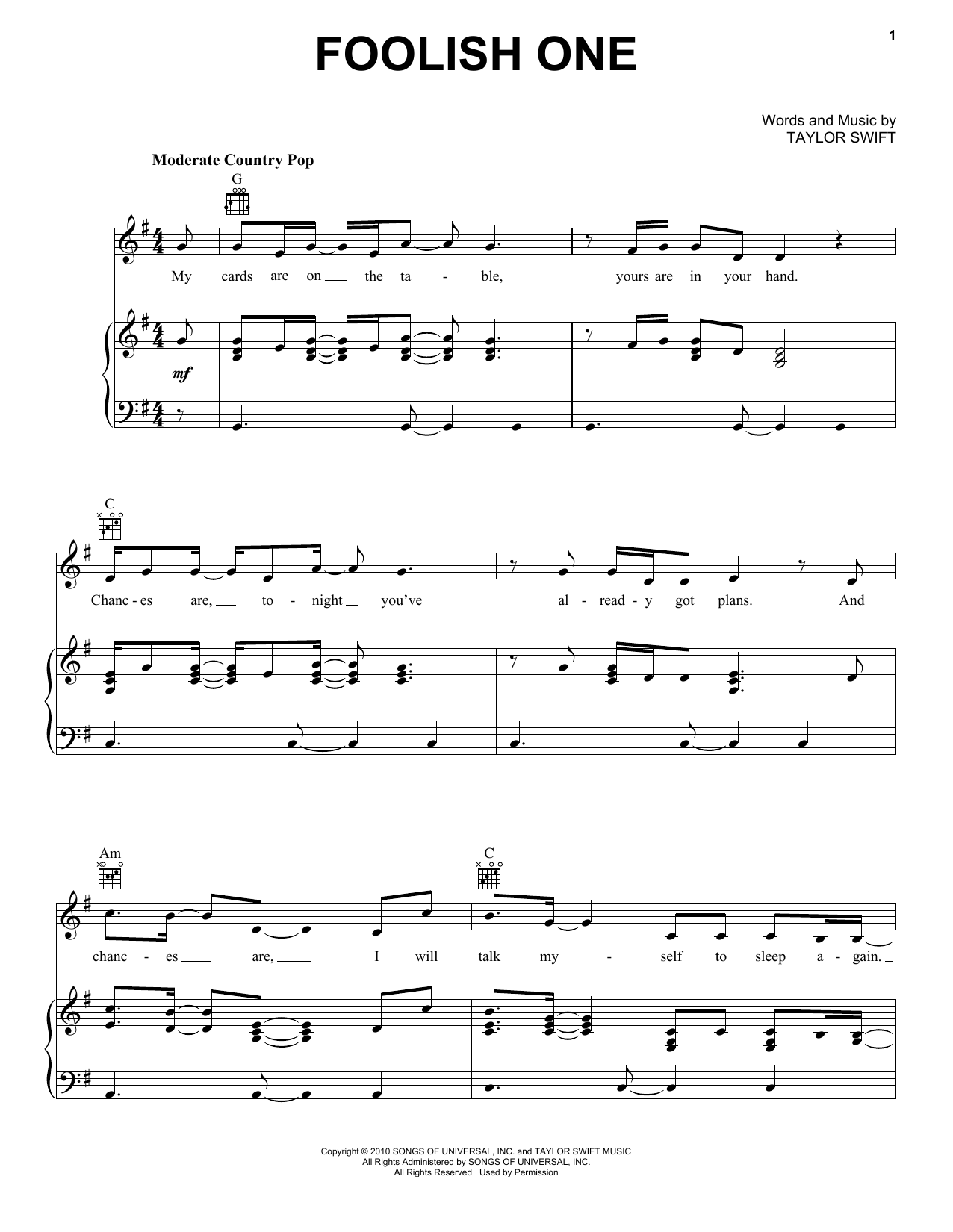 Download Taylor Swift Foolish One (Taylor's Version) (From Th Sheet Music