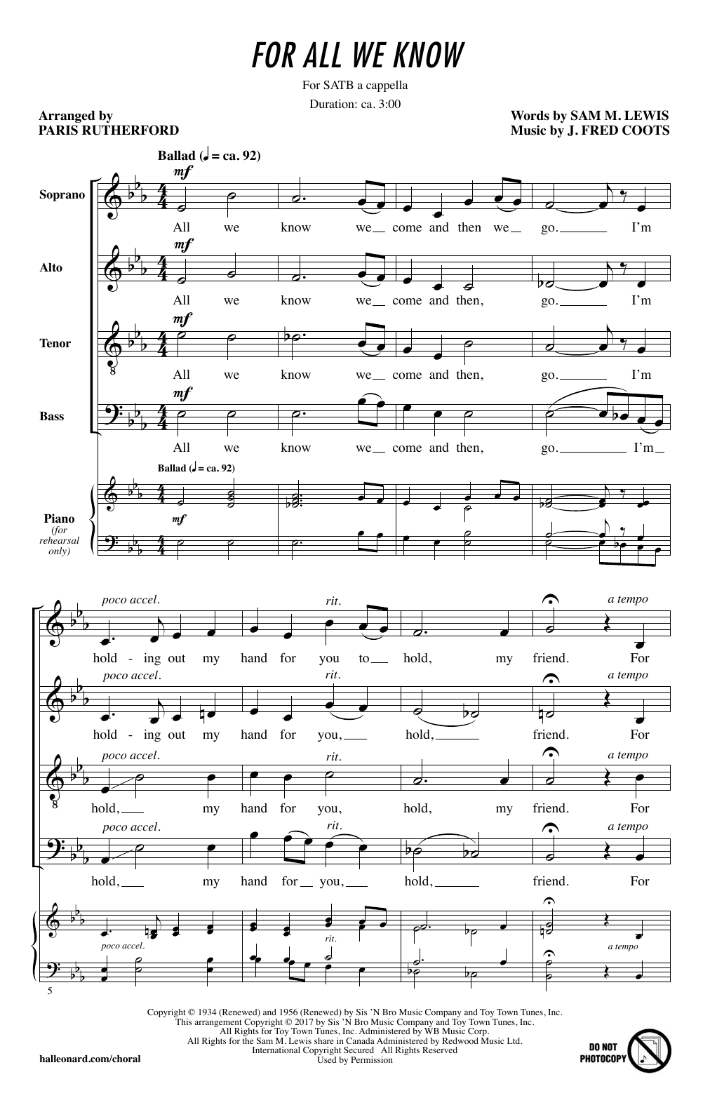 Download Paris Rutherford For All We Know Sheet Music