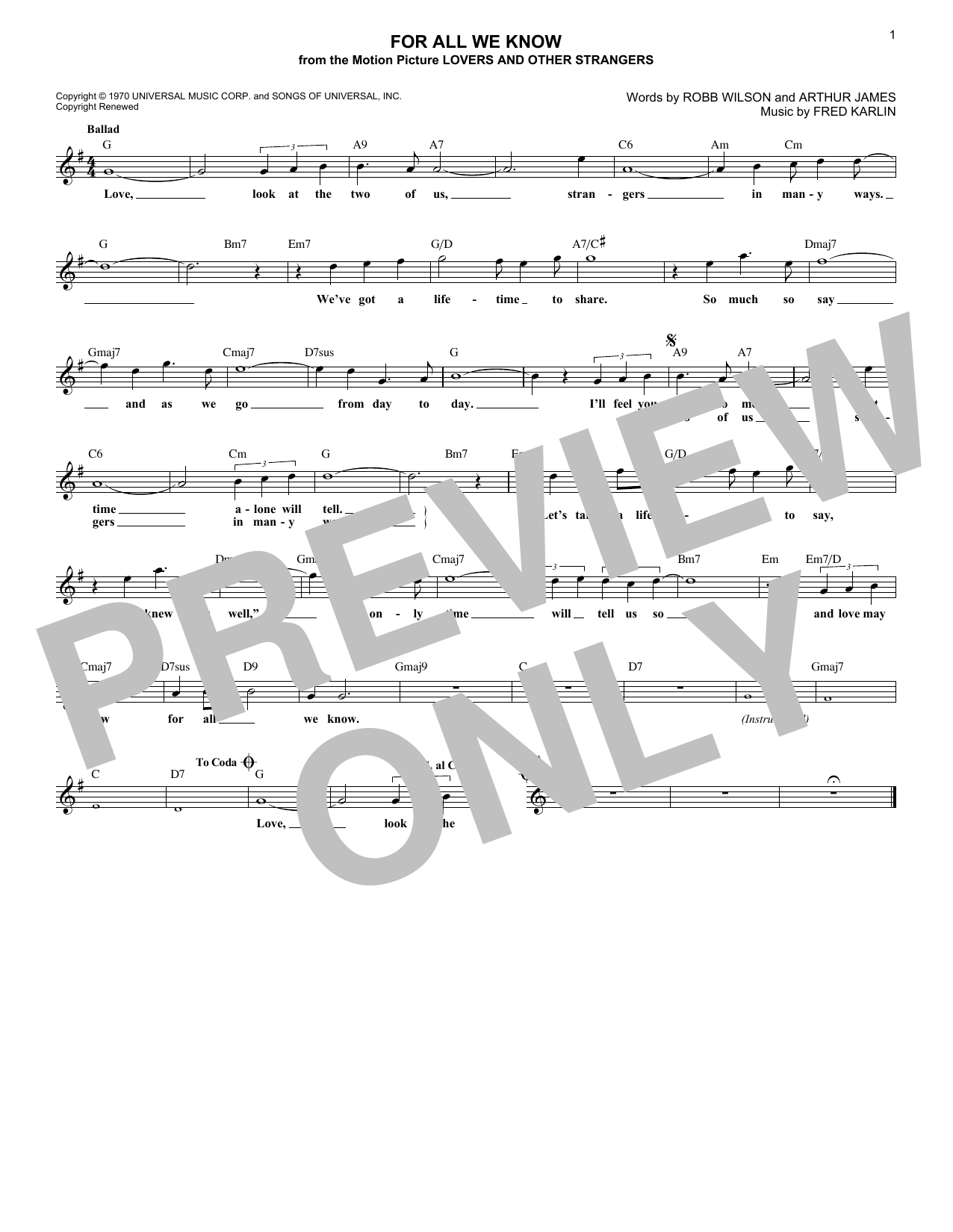 Download Carpenters For All We Know Sheet Music