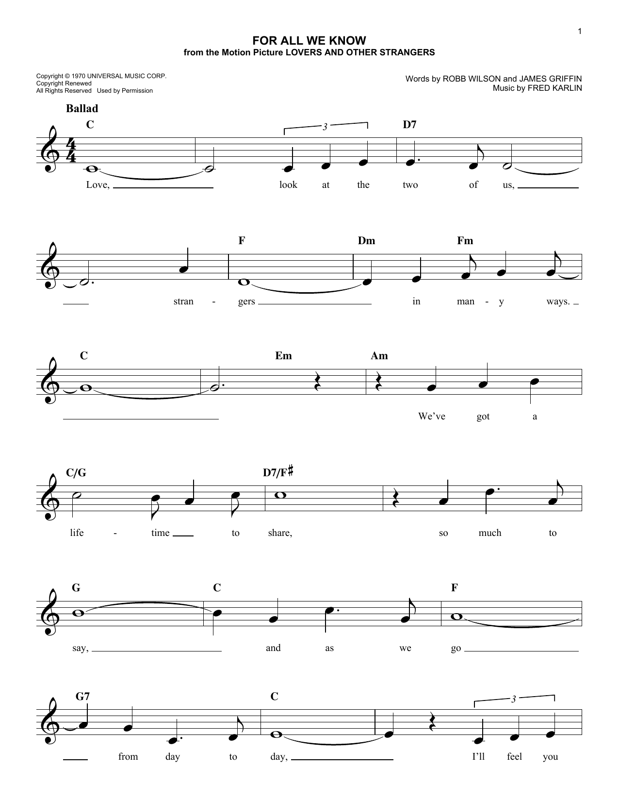 Download The Carpenters For All We Know Sheet Music