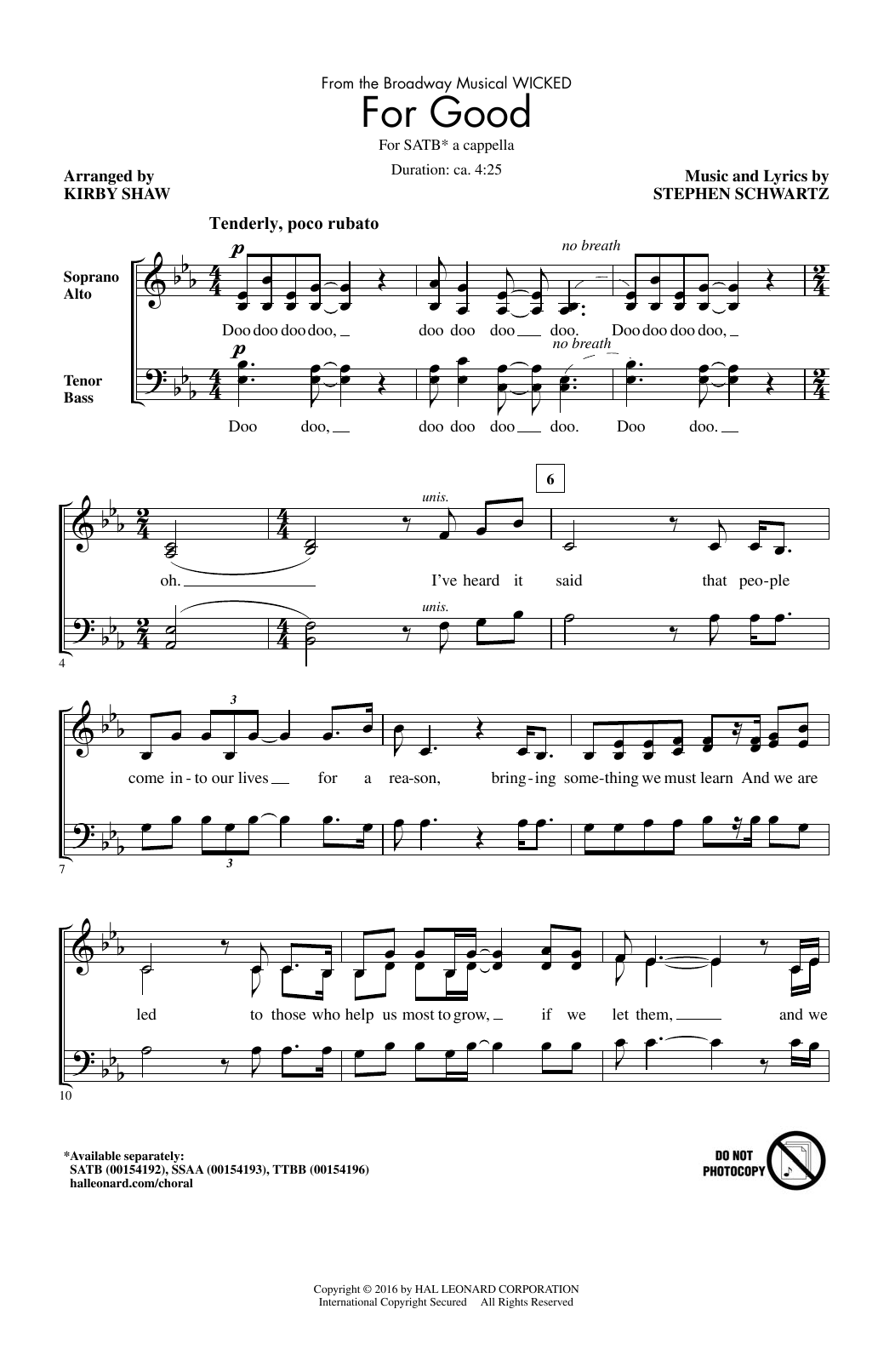 Download Stephen Schwartz For Good (from Wicked) (arr. Kirby Shaw Sheet Music