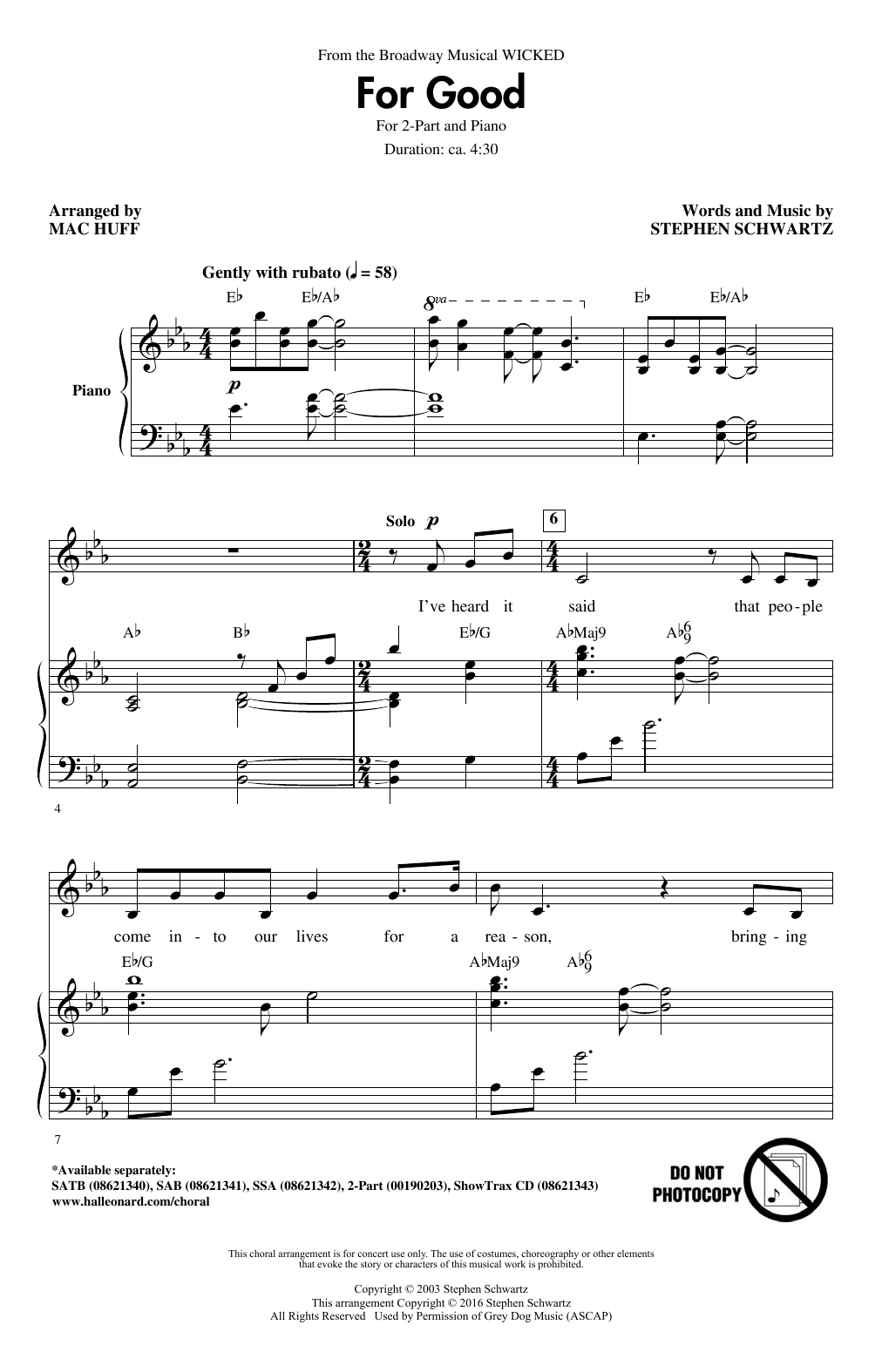 Download Stephen Schwartz For Good (from Wicked) (arr. Mac Huff) Sheet Music