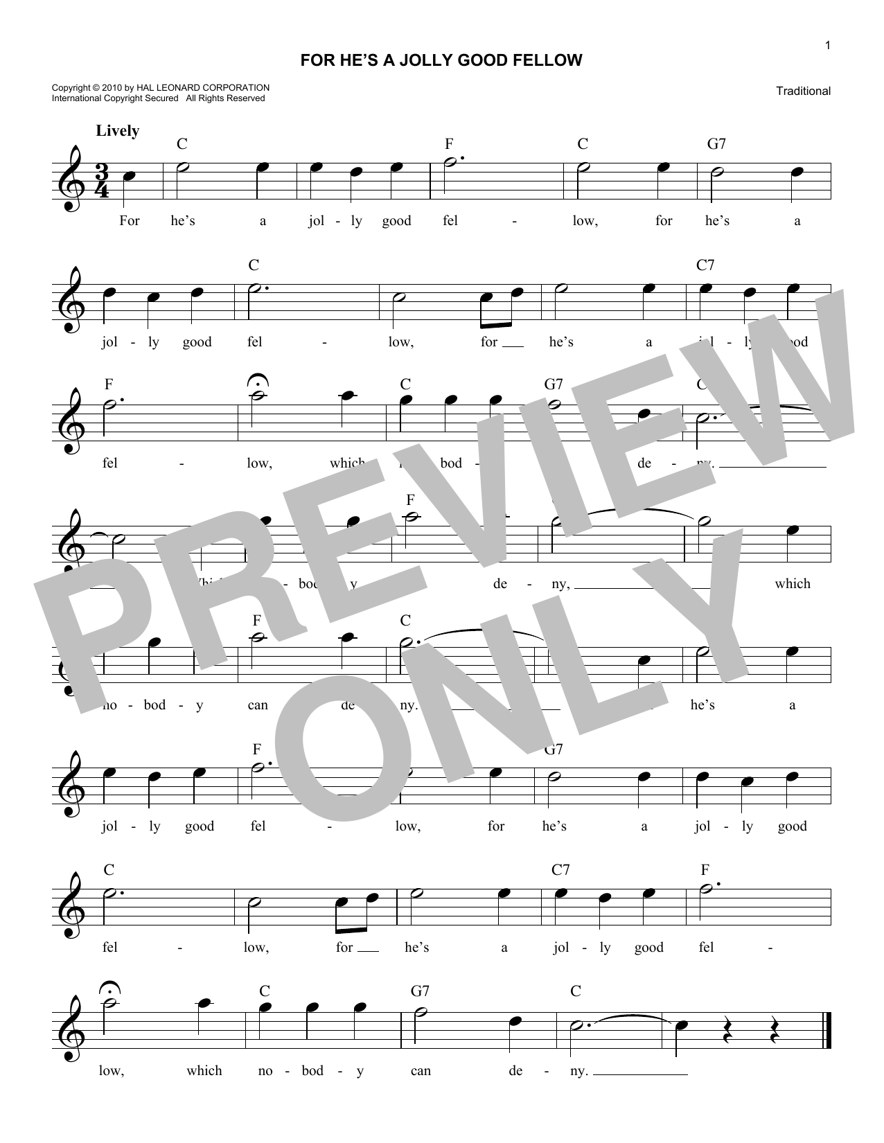 Download Traditional For He's A Jolly Good Fellow Sheet Music