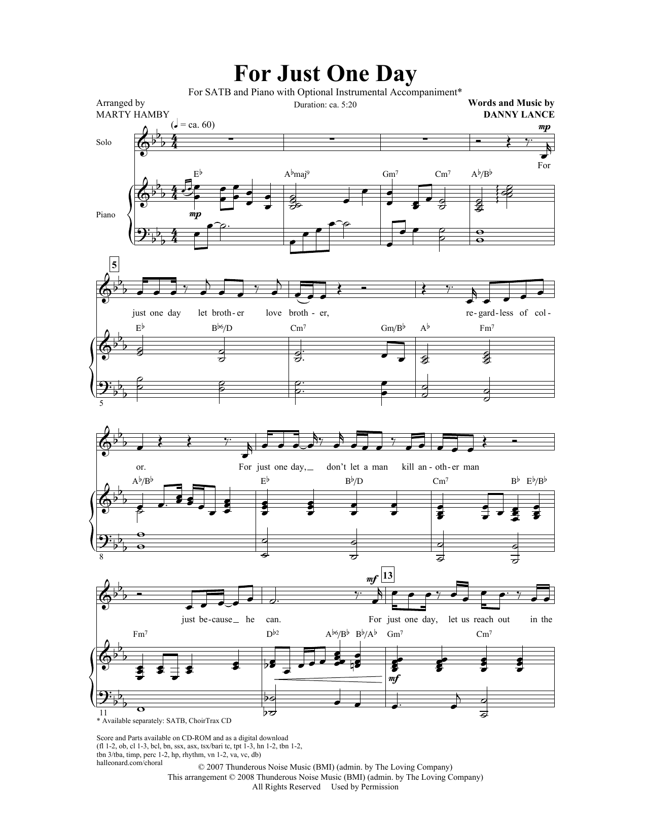 Download Danny Lance For Just One Day (arr. Marty Hamby) Sheet Music