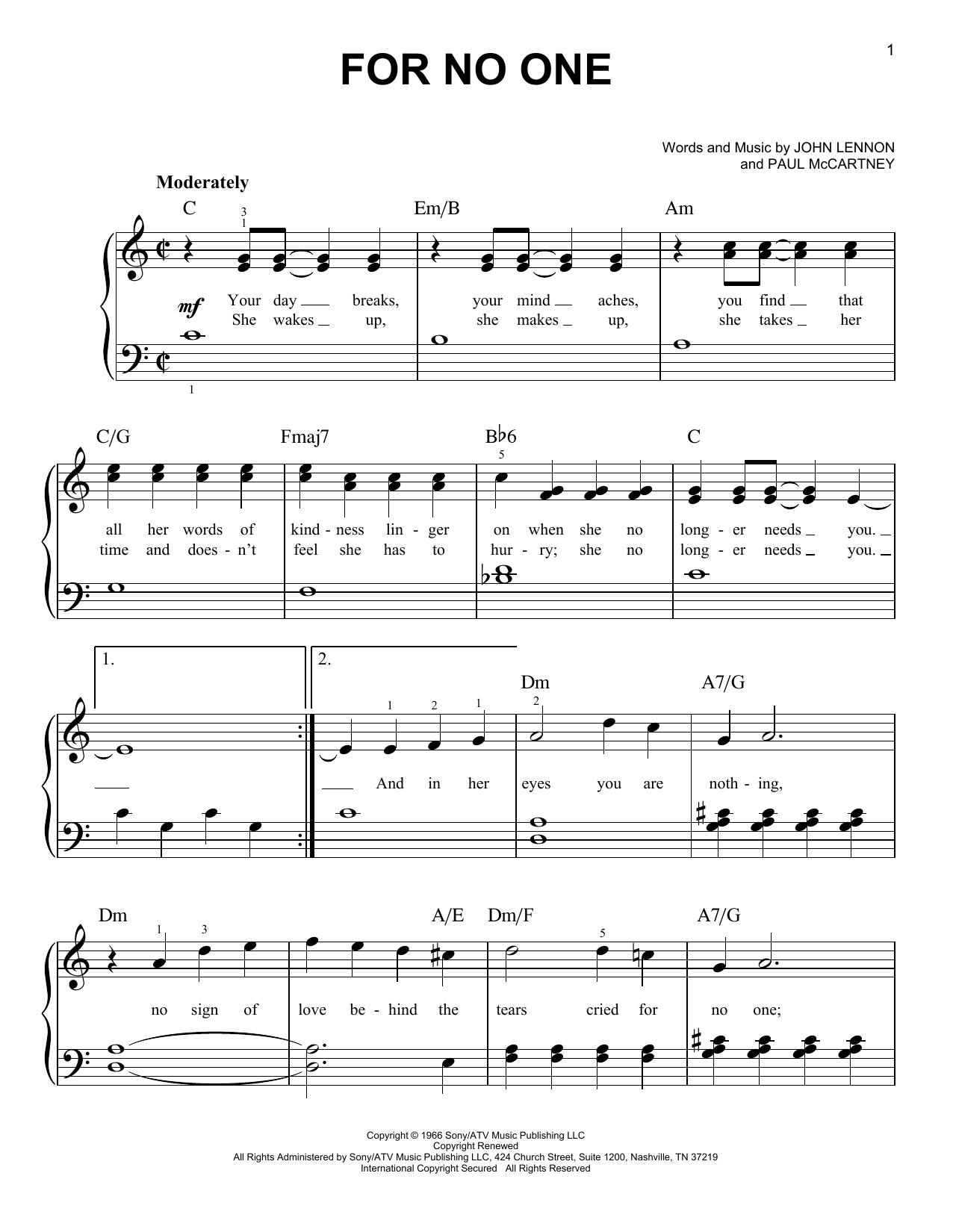 Download The Beatles For No One Sheet Music