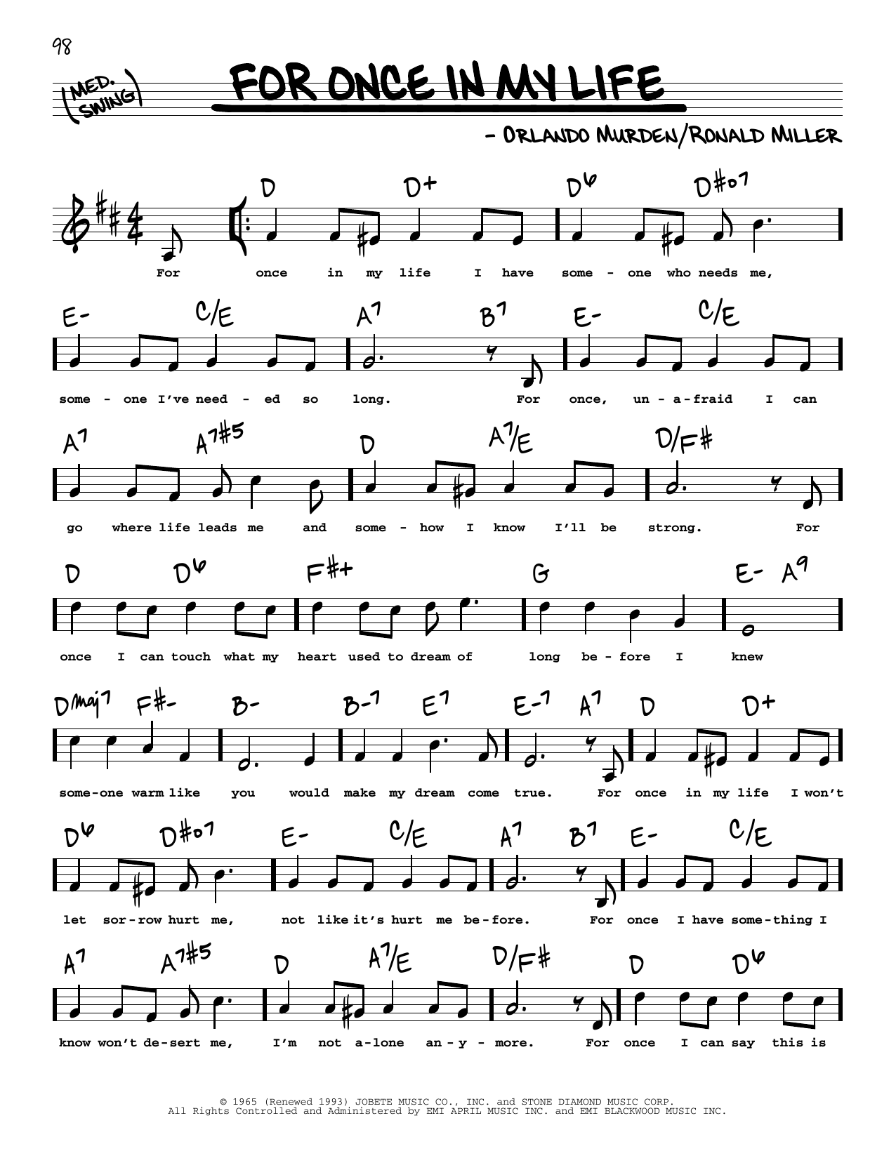 Download Stevie Wonder For Once In My Life (High Voice) Sheet Music