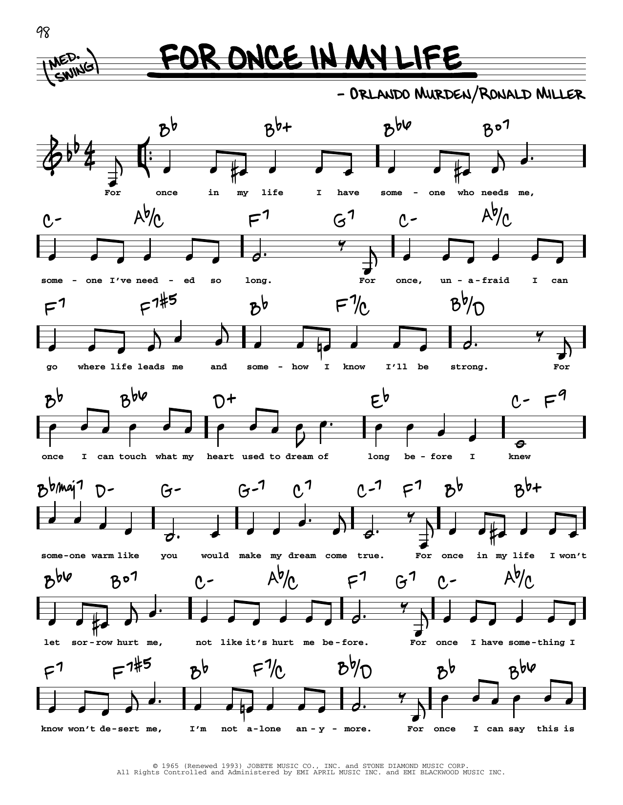 Stevie Wonder For Once In My Life (Low Voice) sheet music notes printable PDF score