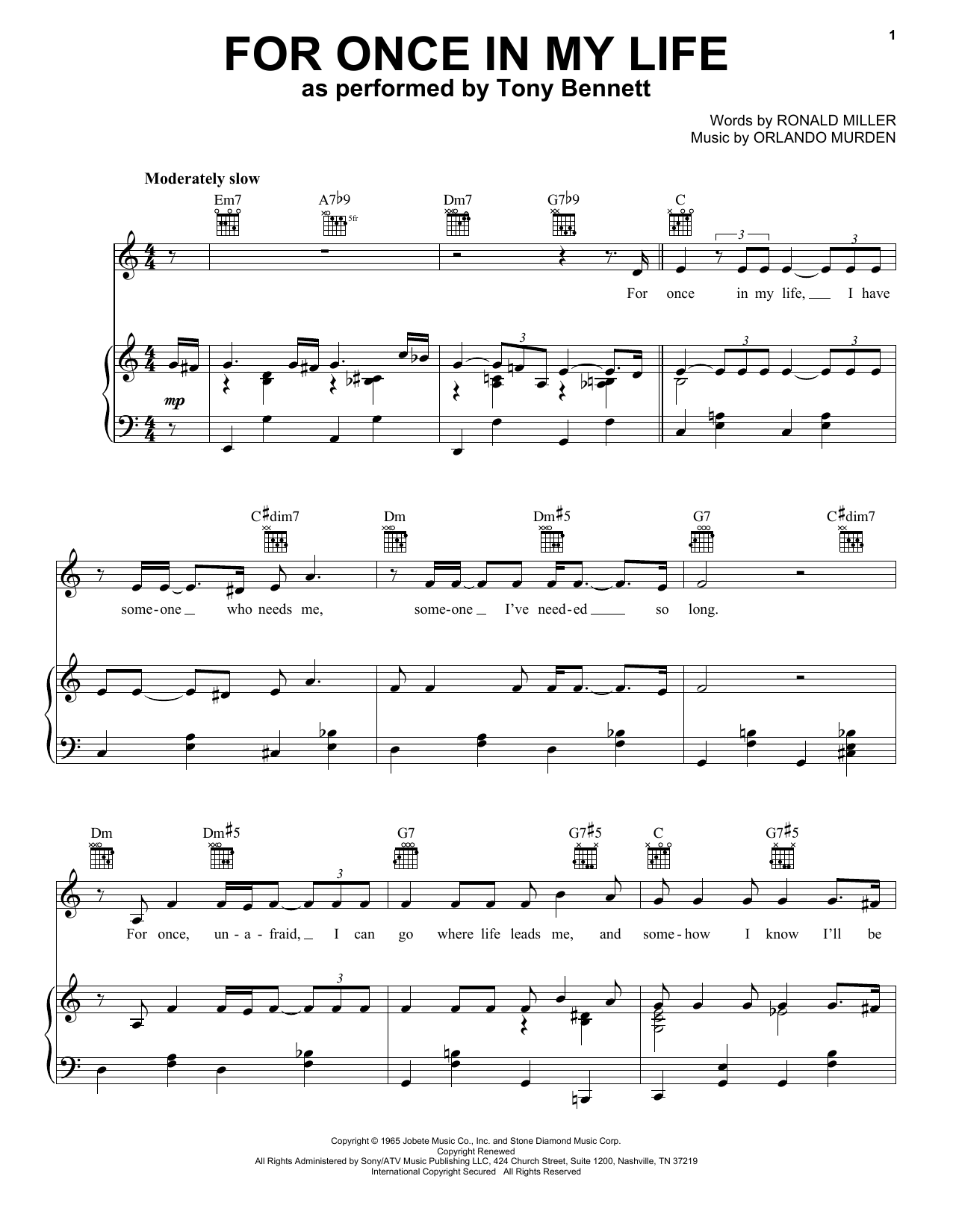 Download Tony Bennett For Once In My Life Sheet Music