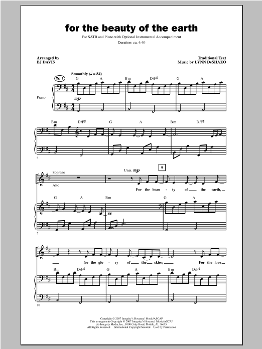Download BJ Davis For The Beauty Of The Earth Sheet Music