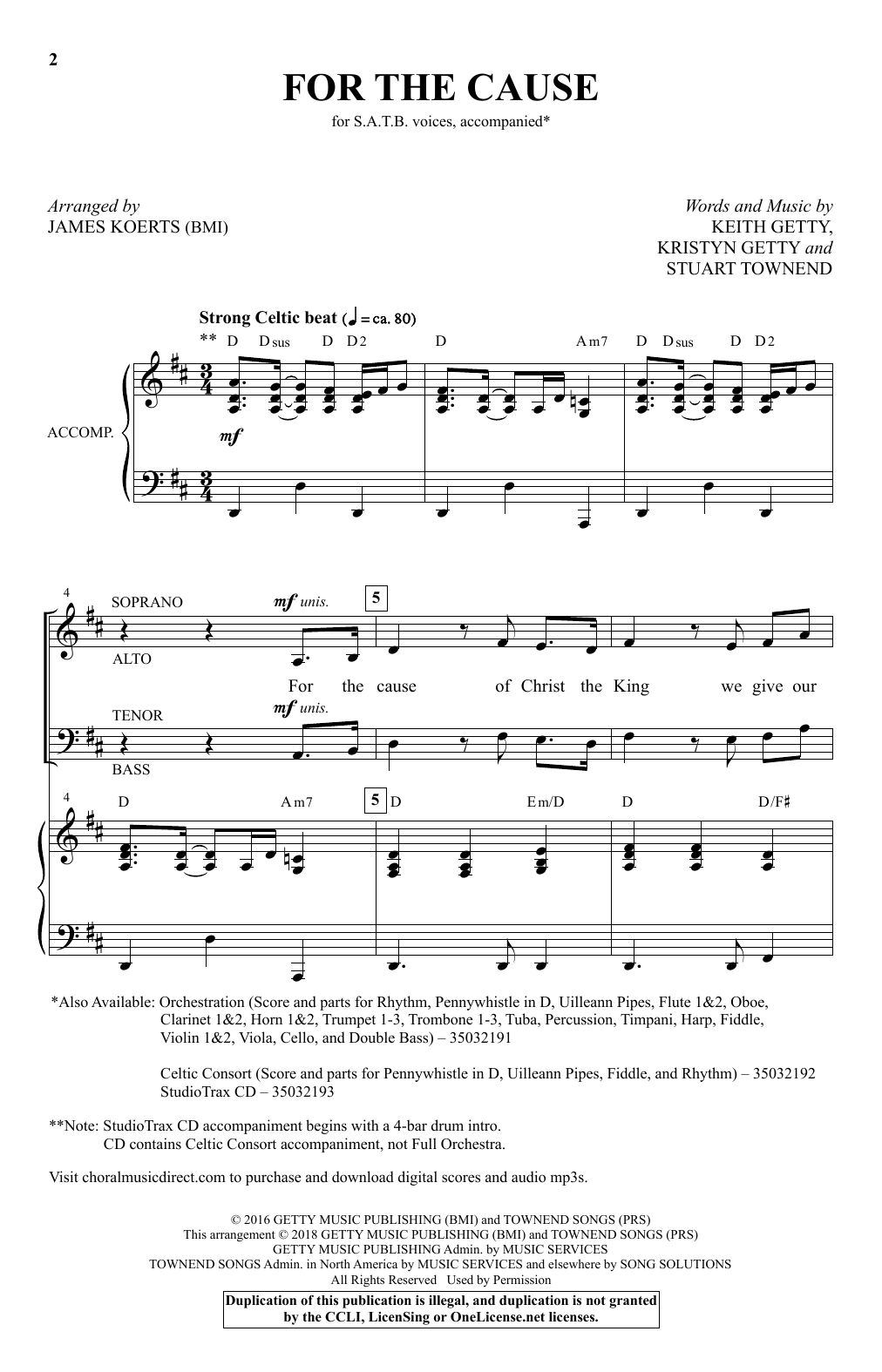 Download Keith and Kristyn Getty For the Cause (arr. James Koerts) Sheet Music