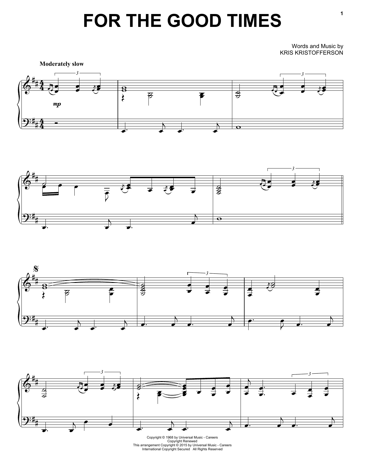Download Kris Kristofferson For The Good Times Sheet Music