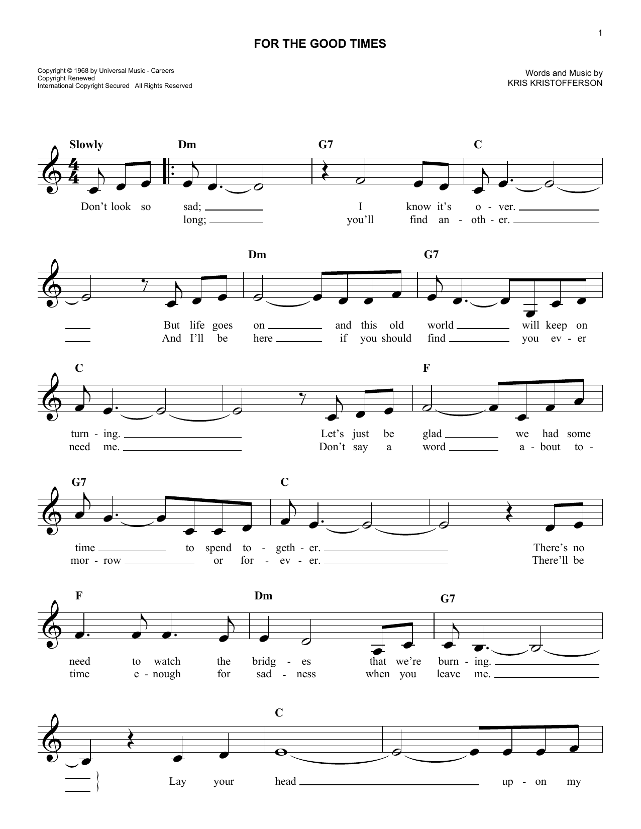Download Kris Kristofferson For The Good Times Sheet Music