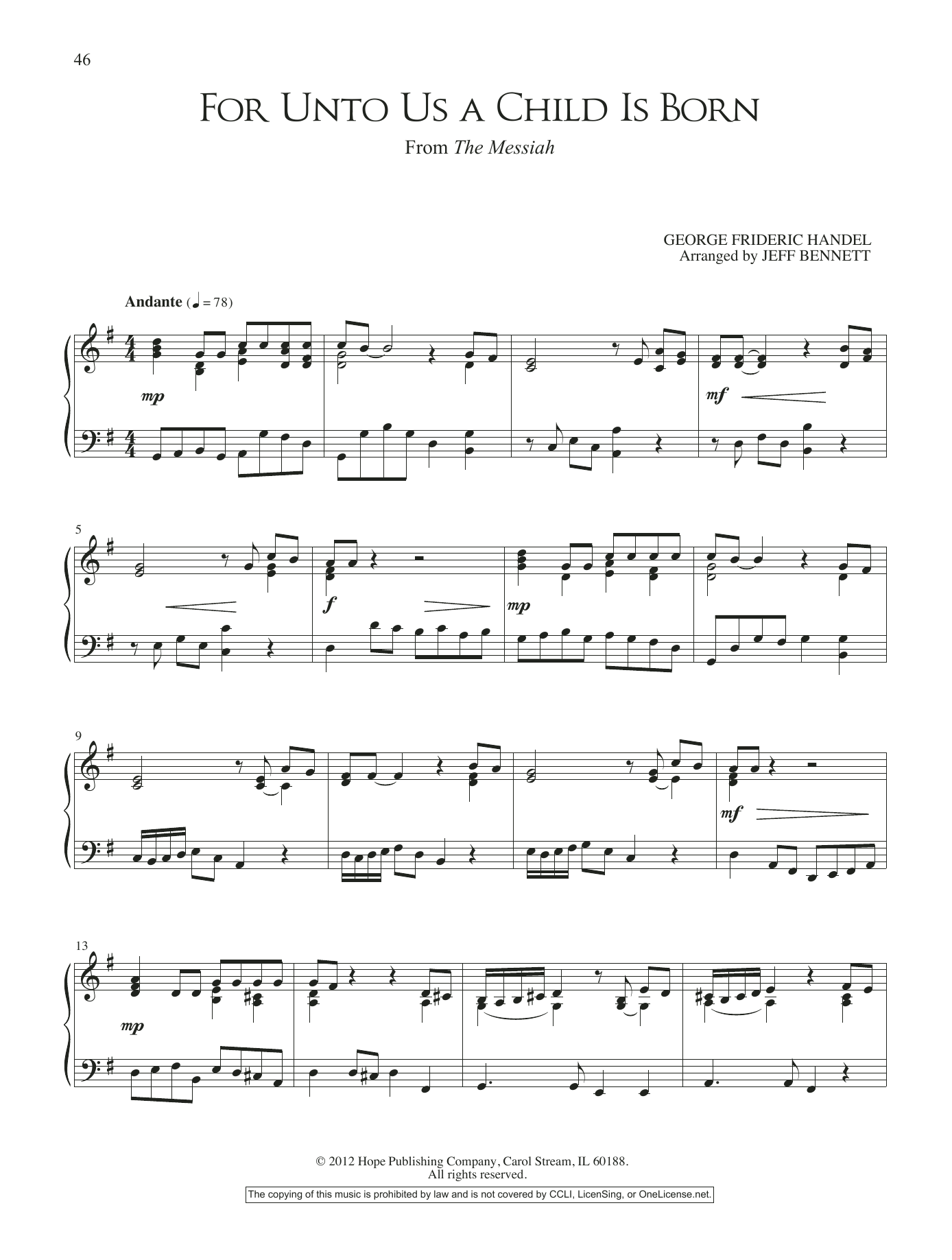 Download Jeff Bennett For Unto Us A Child is Born (from The M Sheet Music