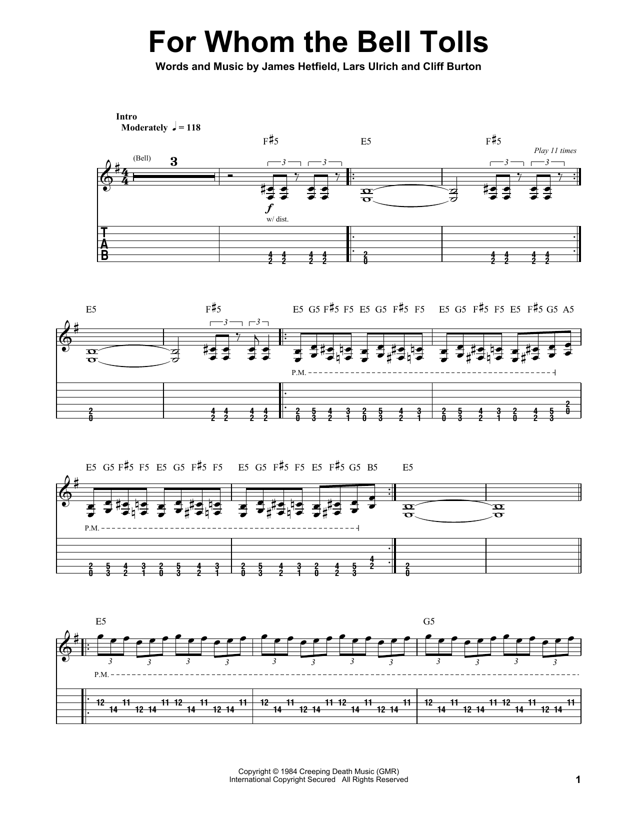 Download Metallica For Whom The Bell Tolls Sheet Music