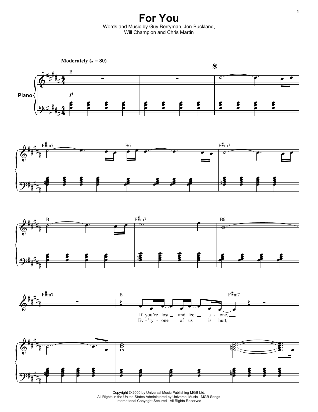 Download Coldplay For You Sheet Music