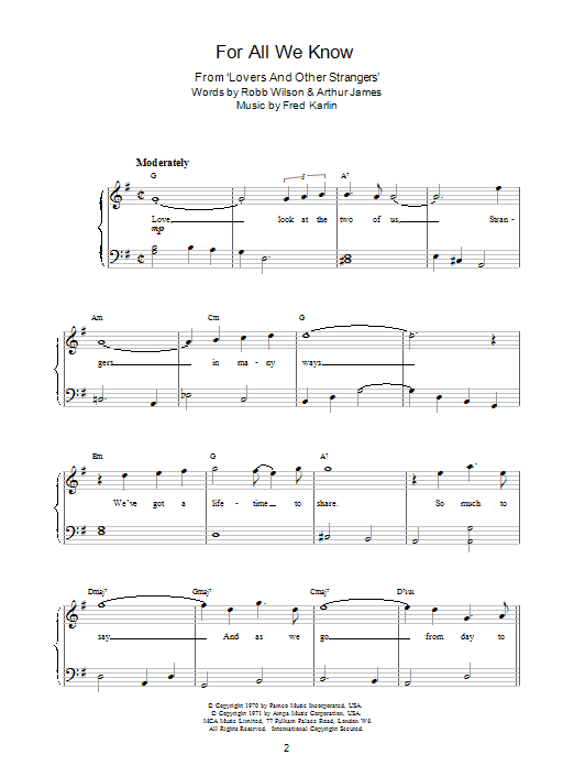 Fred Karlin For All We Know sheet music notes printable PDF score
