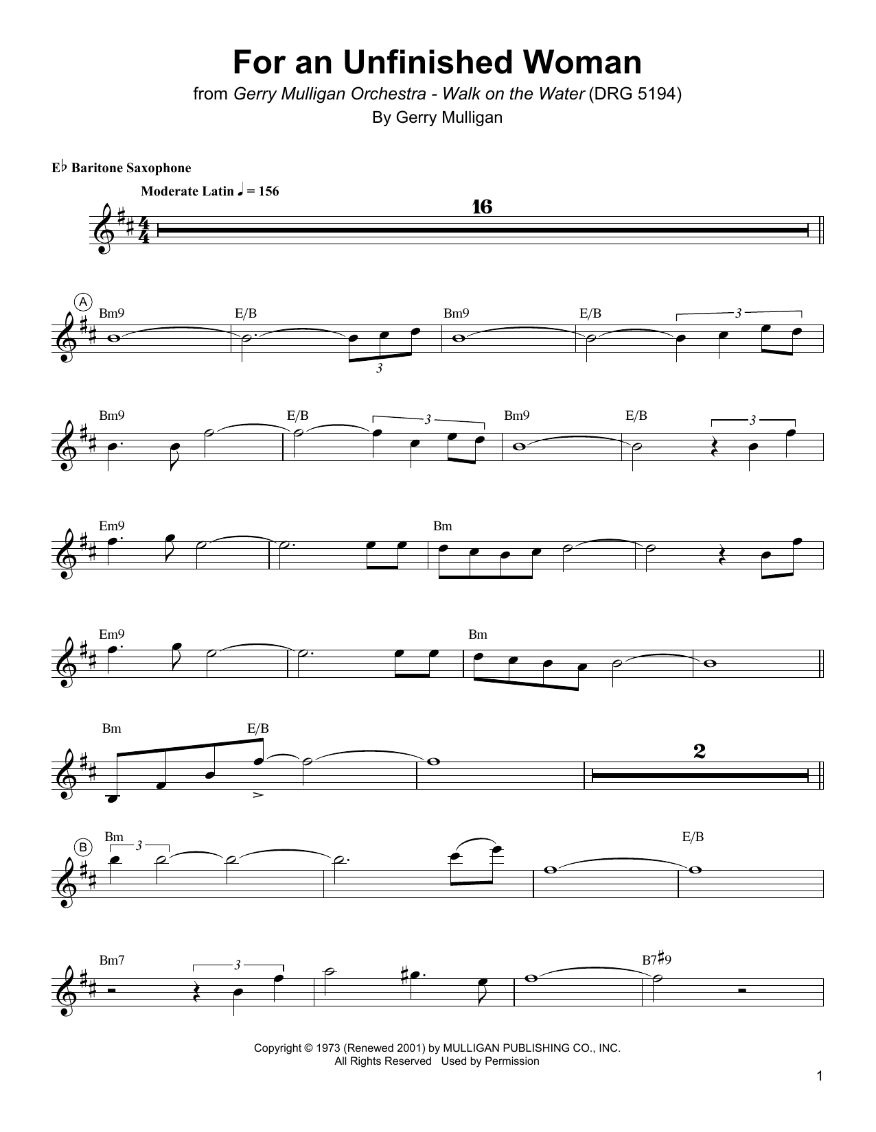 Gerry Mulligan For An Unfinished Woman sheet music notes printable PDF score
