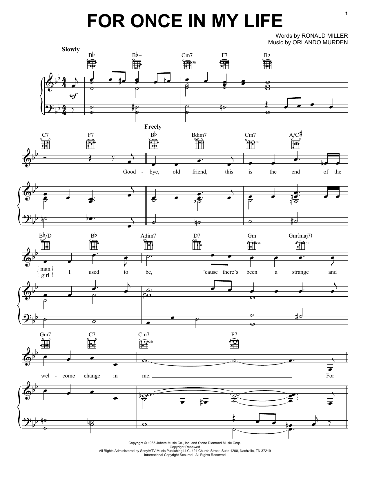 Stevie Wonder For Once In My Life sheet music notes printable PDF score