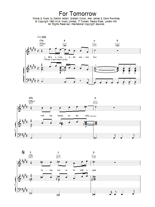 Blur For Tomorrow sheet music notes printable PDF score