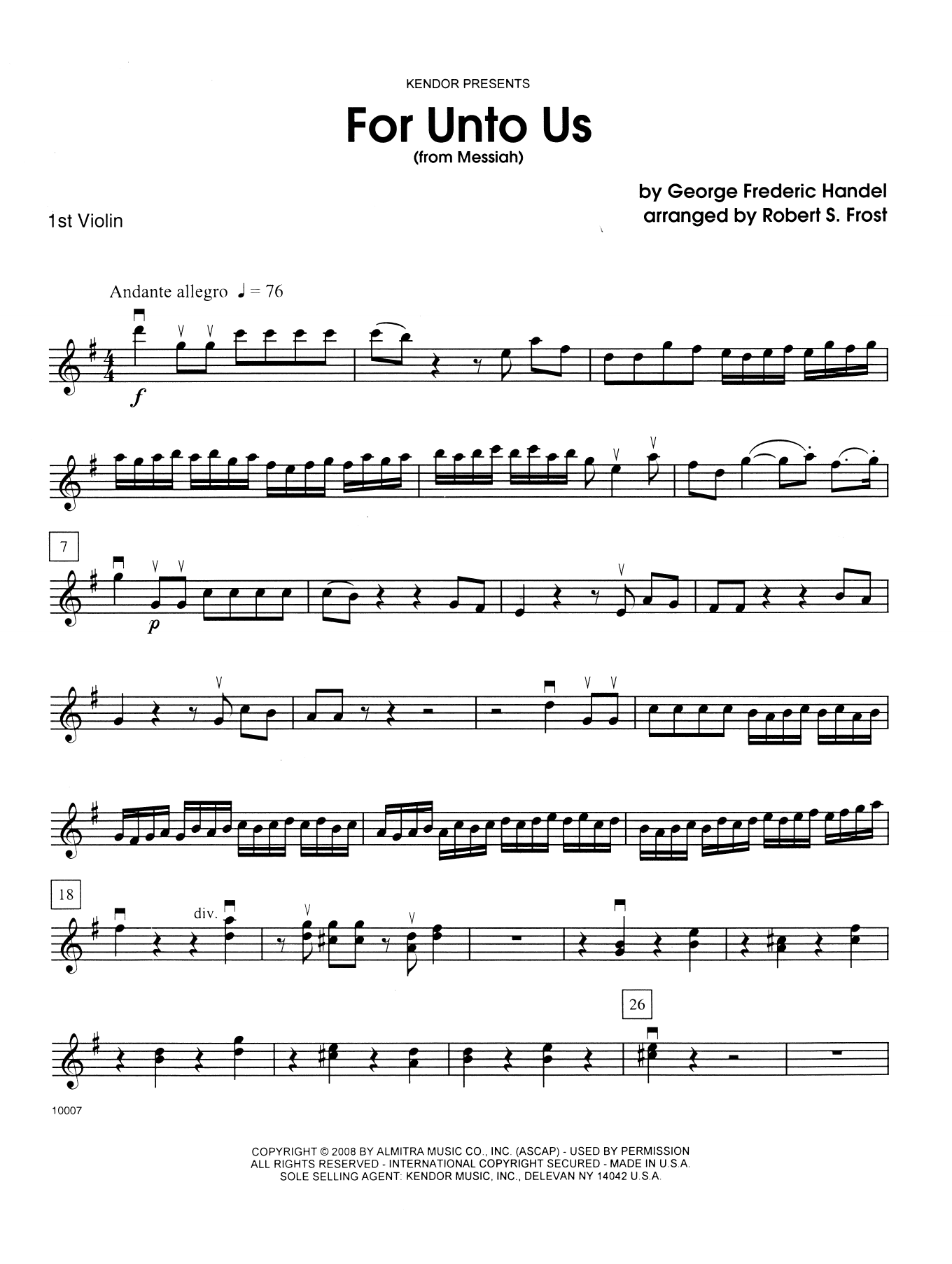 Download George Frideric Handel For Unto Us (from Messiah) - 1st Violin Sheet Music