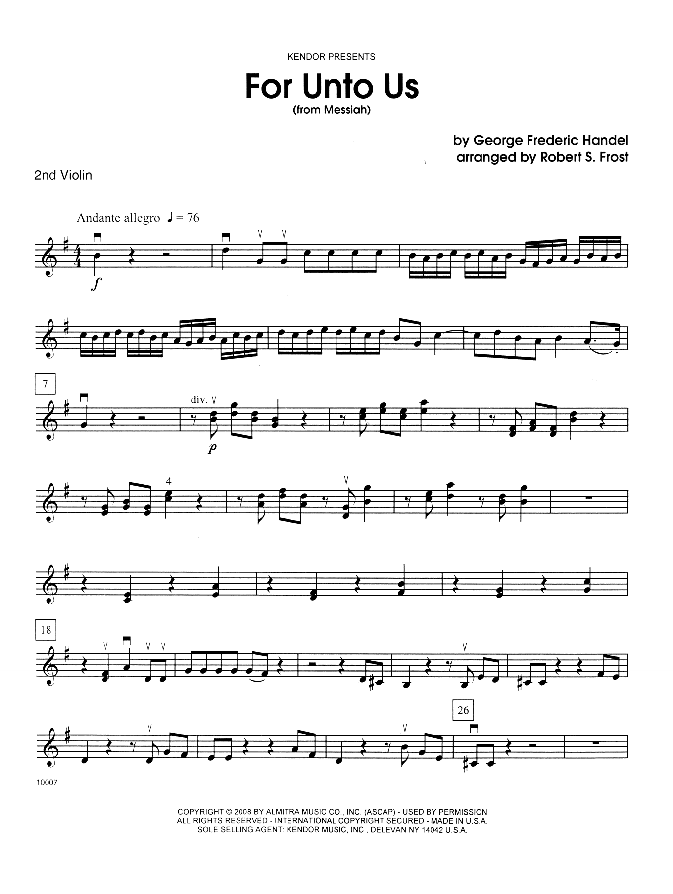 Download George Frideric Handel For Unto Us (from Messiah) - 2nd Violin Sheet Music