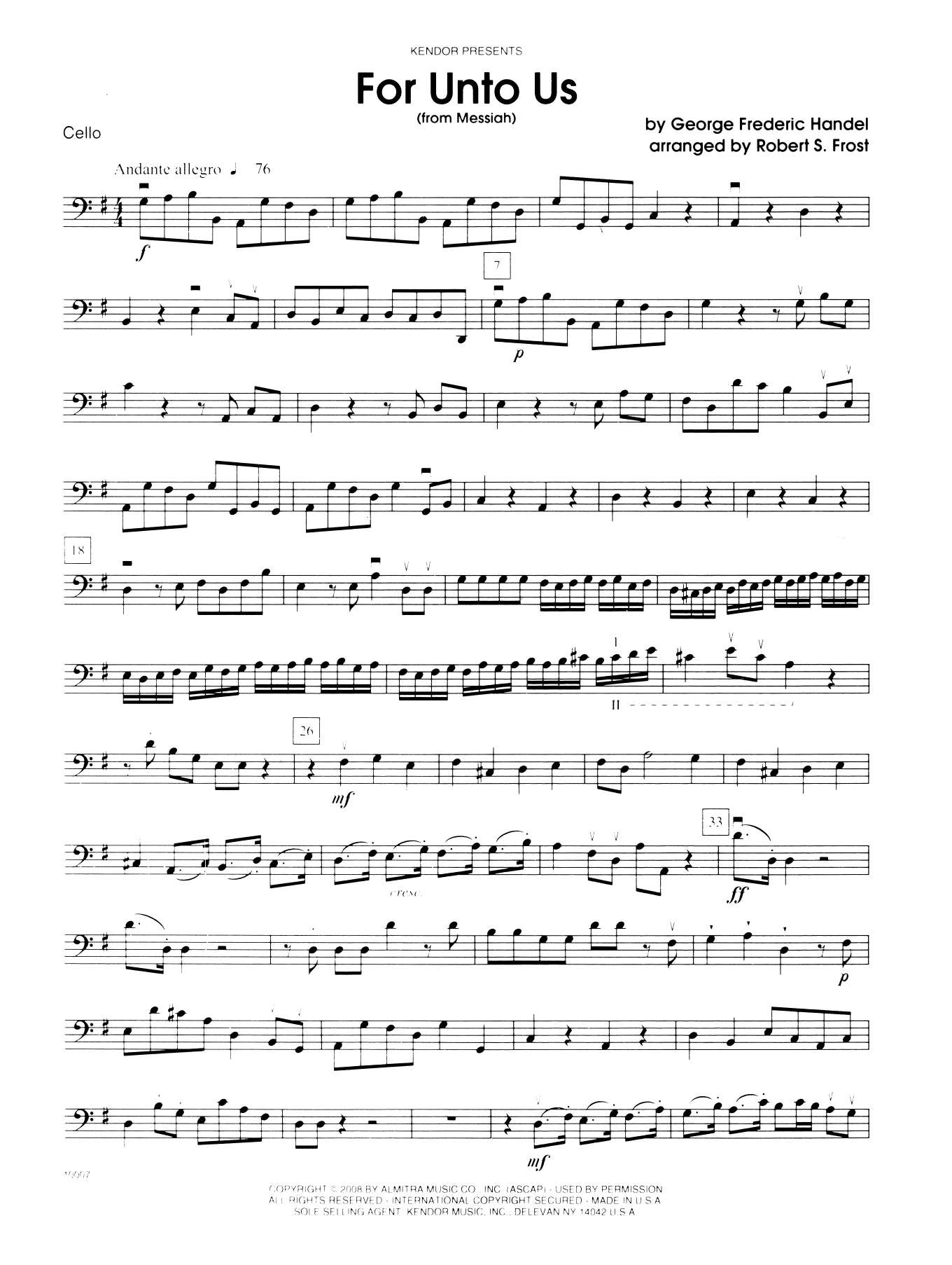 Download George Frideric Handel For Unto Us (from Messiah) - Cello Sheet Music