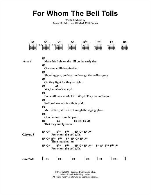 Metallica For Whom The Bell Tolls sheet music notes printable PDF score