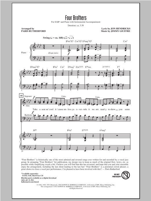 Download The Manhattan Transfer Four Brothers (arr. Paris Rutherford) Sheet Music