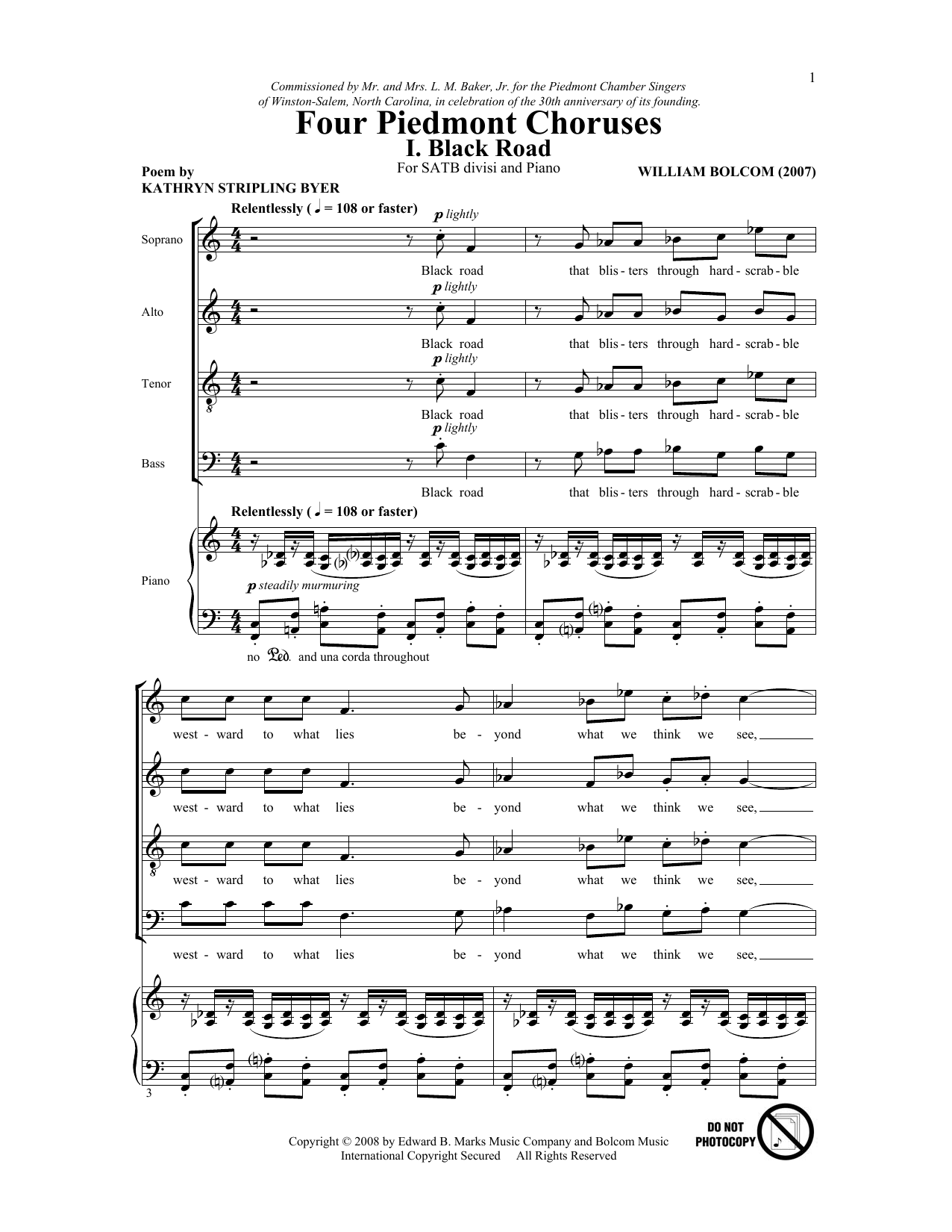 Download William Bolcom Four Piedmont Choruses Sheet Music