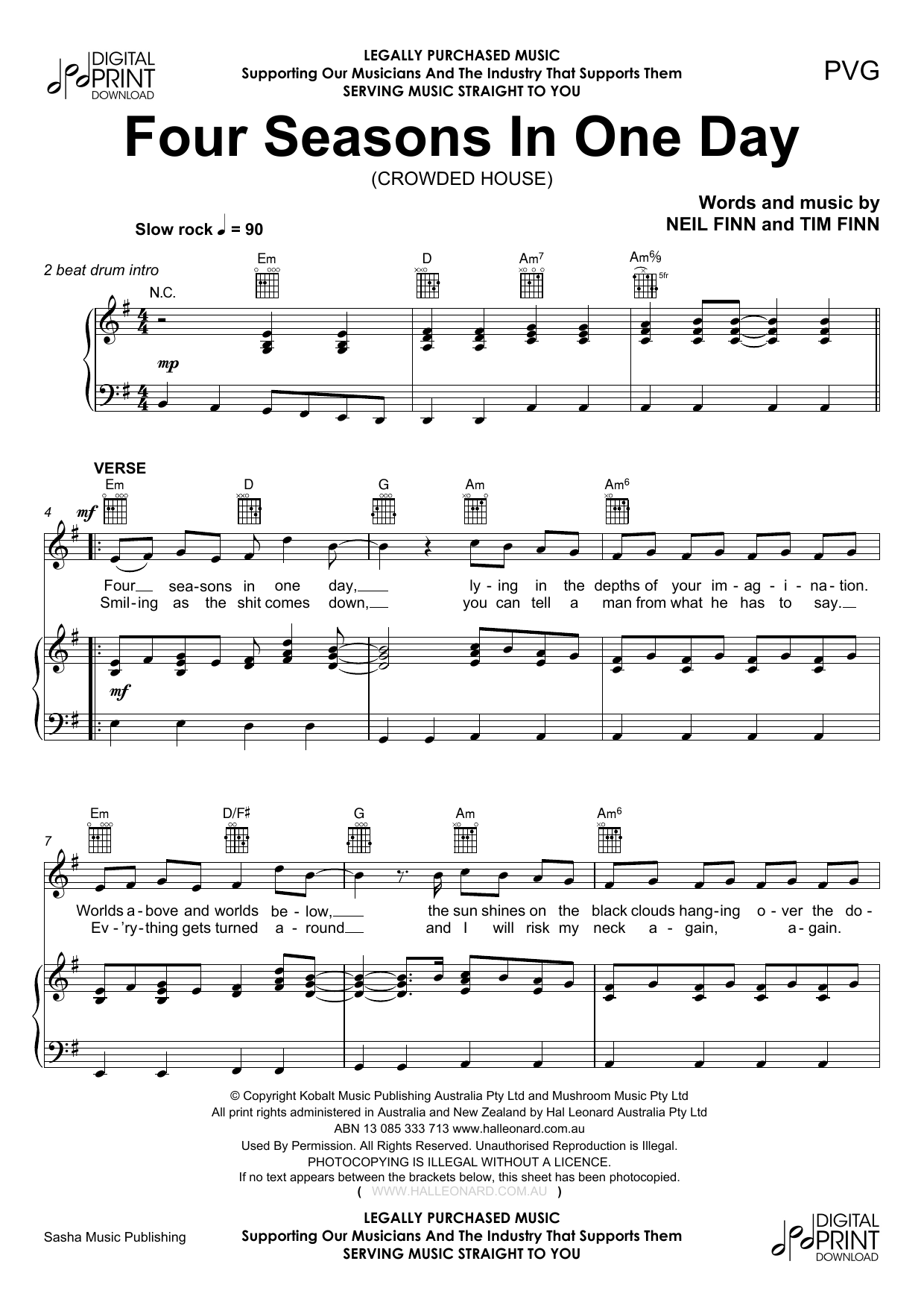 Download Crowded House Four Seasons In One Day Sheet Music