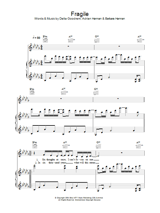 Delta Goodrem Fragile sheet music notes printable PDF score