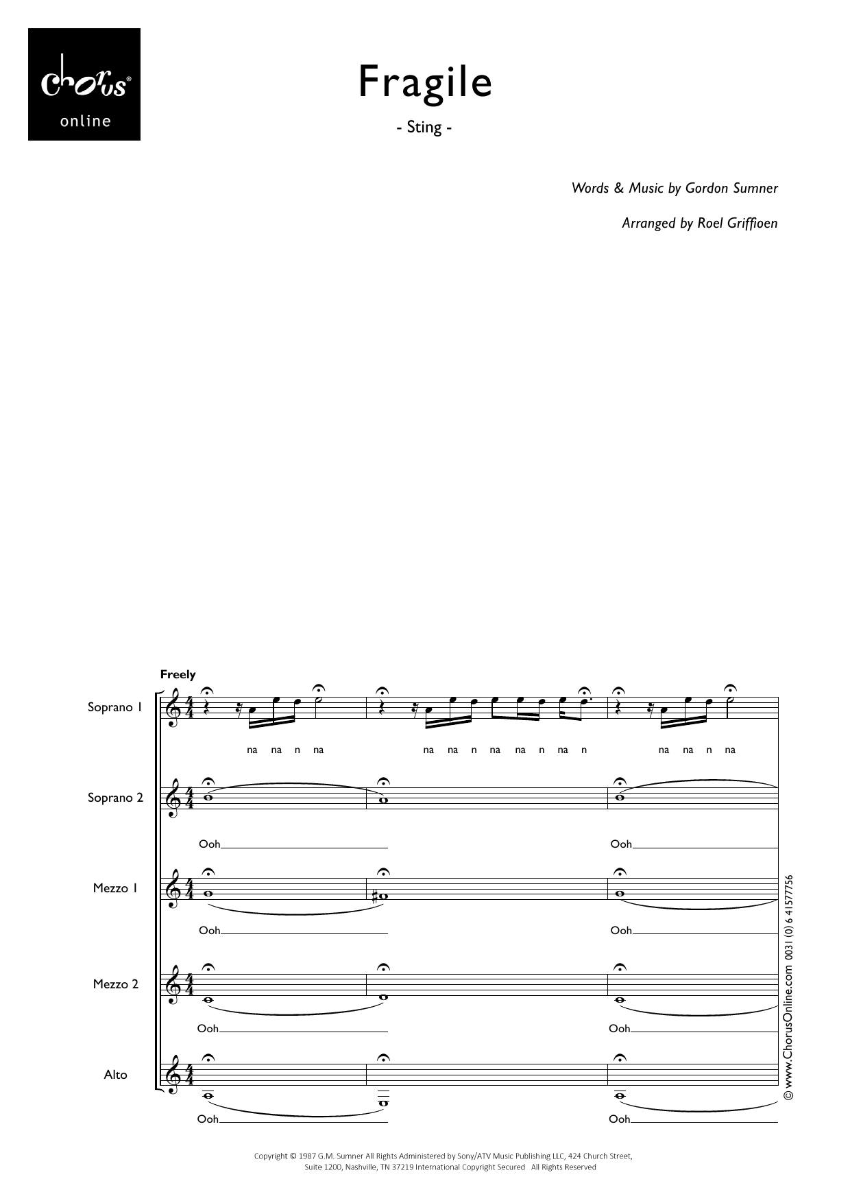 Sting Fragile (arr. Roel Griffioen) sheet music notes printable PDF score