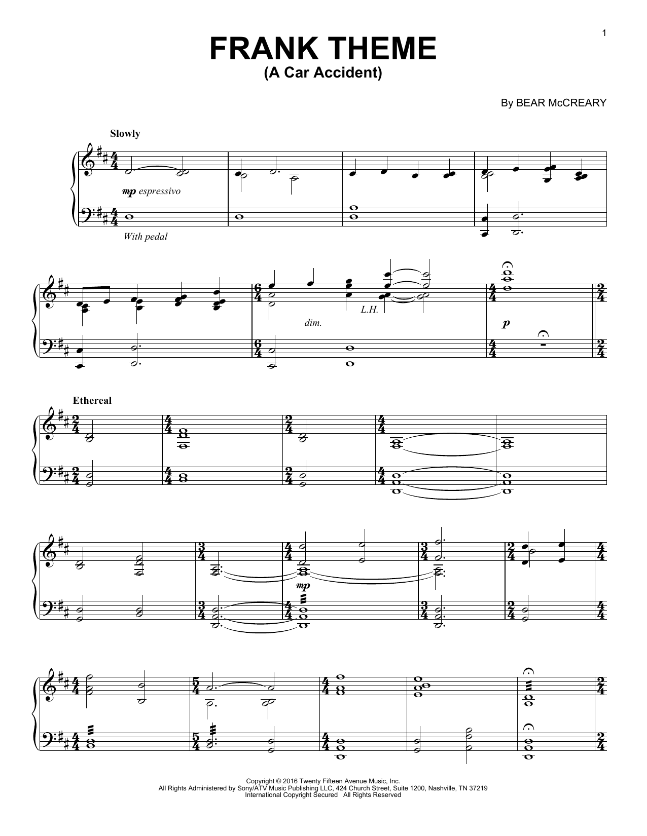 Download Bear McCreary Frank Theme (A Car Accident) (from Outl Sheet Music