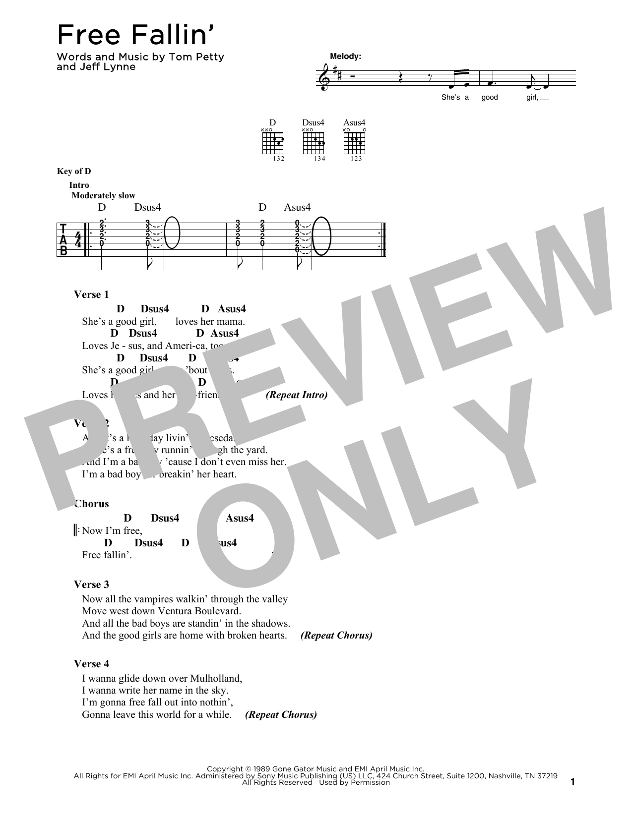 Tom Petty Free Fallin' sheet music notes printable PDF score