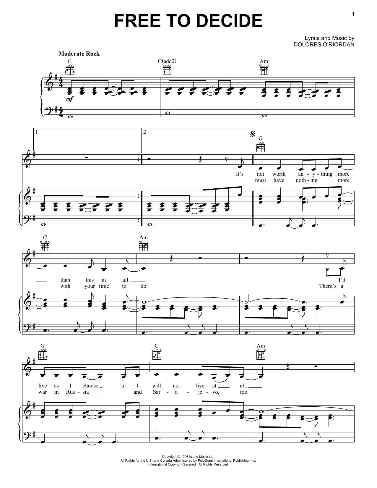 Download The Cranberries Free To Decide Sheet Music