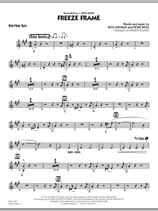 Download Roger Holmes Freeze Frame - Baritone Sax Sheet Music