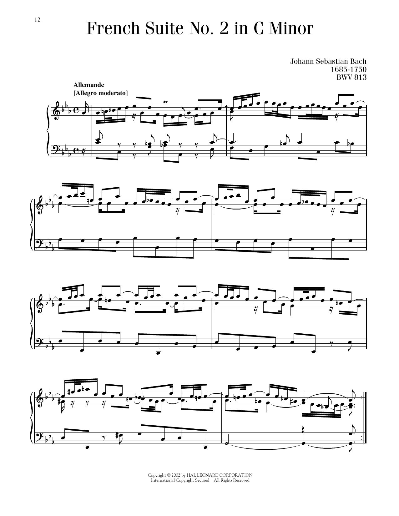 Johann Sebastian Bach French Suite No. 2, BWV 813 sheet music notes printable PDF score