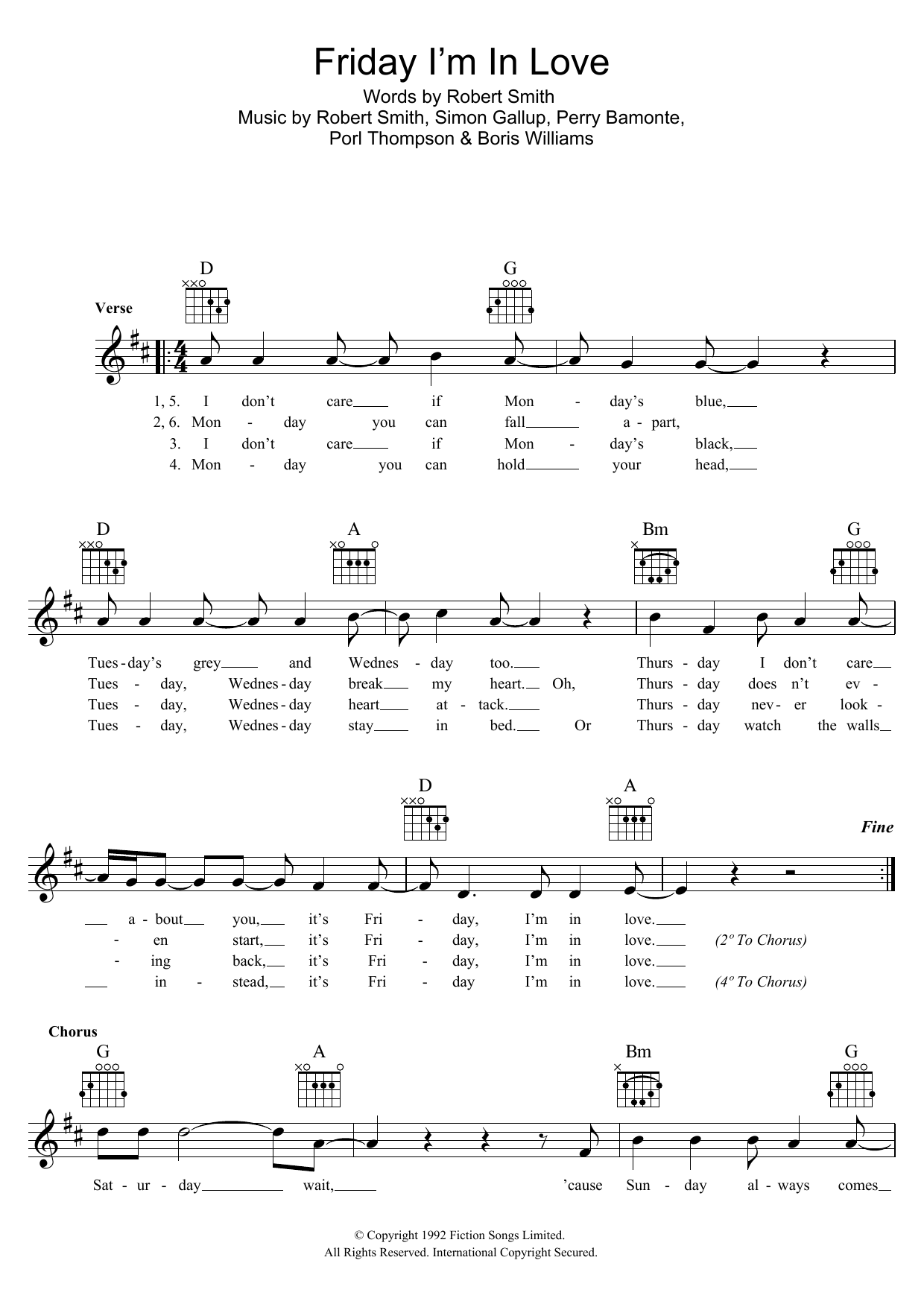 Download The Cure Friday I'm In Love Sheet Music