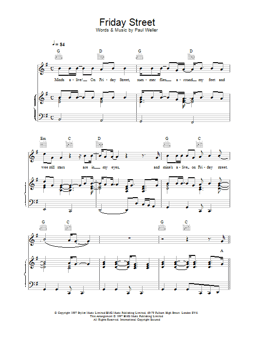 Paul Weller Friday Street sheet music notes printable PDF score