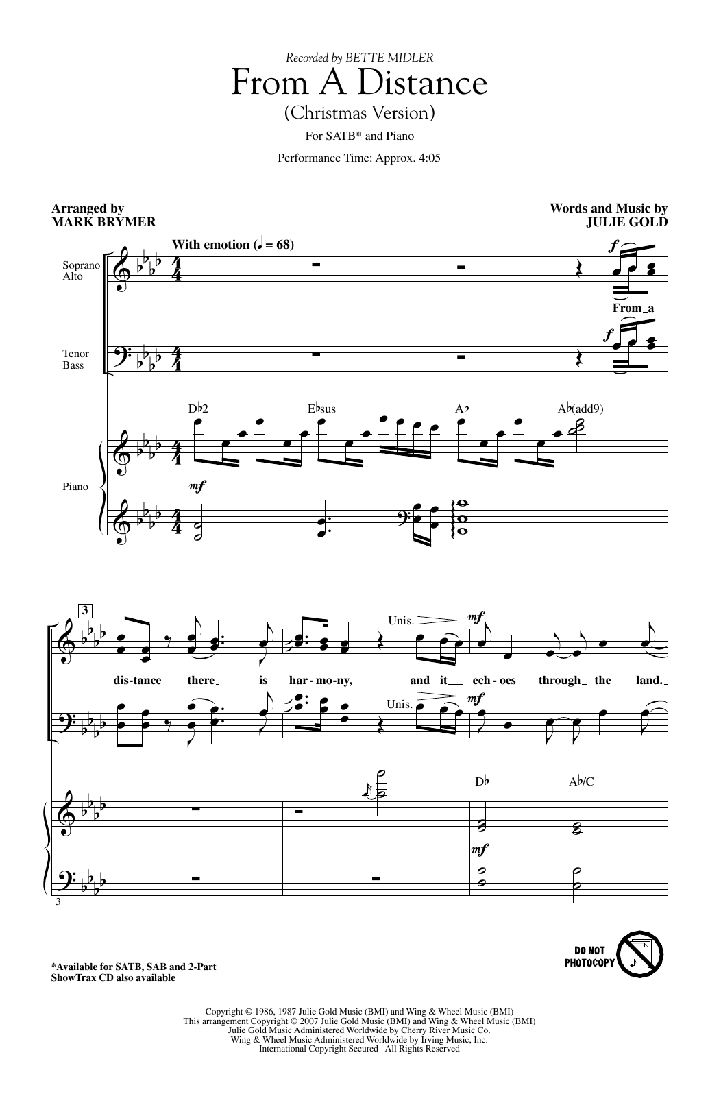Download Bette Midler From A Distance (Christmas Version) (ar Sheet Music