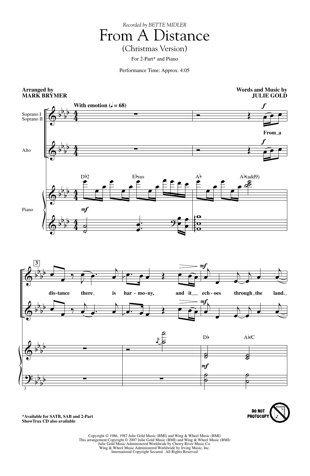 Download Bette Midler From A Distance (Christmas Version) (ar Sheet Music