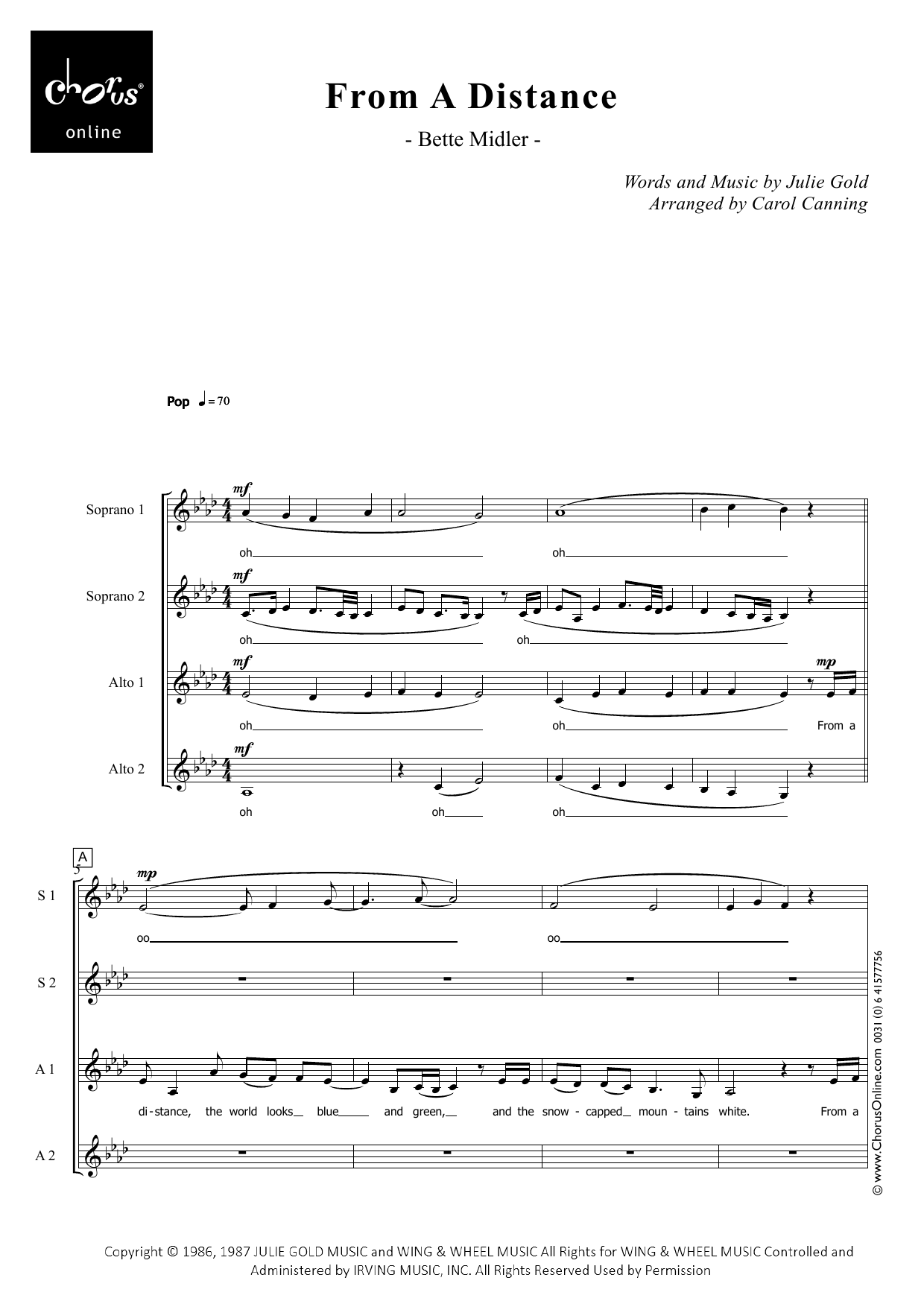 Bette Midler From A Distance (arr. Carol Canning) sheet music notes printable PDF score